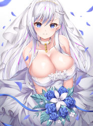 Rule 34 | 1girl, absurdres, azur lane, bad id, bad pixiv id, bare arms, bare shoulders, belfast (azur lane), belfast (the pledge of claddagh) (azur lane), blue eyes, blue flower, blue ribbon, blush, bouquet, braid, breasts, bridal veil, chain, cleavage, closed mouth, collar, collarbone, commentary request, dress, female focus, flower, french braid, frown, highres, holding, holding bouquet, large breasts, leaf, long hair, looking at viewer, lotpi, multicolored hair, petals, ribbon, rose, solo, streaked hair, veil, wedding dress, white background, white dress, white flower, white hair