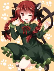 Rule 34 | 1girl, ;d, animal ears, black bow, black footwear, blush, bow, braid, breasts, cat ears, cat tail, claw pose, commentary request, dress, eyes visible through hair, fang, frilled dress, frills, green dress, hair bow, highres, juliet sleeves, kaenbyou rin, long hair, long sleeves, looking at viewer, medium breasts, multiple tails, neck ribbon, nekomata, one eye closed, open mouth, orange background, paw print, paw print background, puffy sleeves, red eyes, red hair, red ribbon, ribbon, ruu (tksymkw), short hair, simple background, smile, solo, tail, touhou, twin braids, twintails, two tails