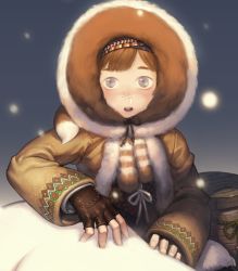 Rule 34 | 1girl, bad id, bad pixiv id, brown hair, fingerless gloves, gloves, morry, open mouth, original, seal (animal), snot, snowing, solo