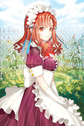 Rule 34 | 1girl, apron, blue sky, closed mouth, cloud, cloudy sky, day, dress, fence, flower, kei (seona2020), long hair, looking at viewer, maid, maid apron, maid headdress, outdoors, plant, purple dress, red eyes, red hair, red ribbon, ribbon, short sleeves, sky, smile, solo, striped clothes, striped dress, sword girls, waist apron