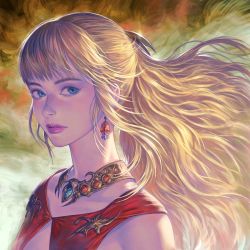 Rule 34 | 1girl, arina nary, blonde hair, blue eyes, collar, collarbone, commentary, earrings, expressionless, final fantasy, final fantasy xiv, floating hair, from side, glint, hair ornament, hyur, jewelry, lips, long hair, looking at viewer, lyse hext, metal collar, portrait, realistic, sidelocks, solo