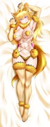 Rule 34 | 1girl, absurdres, ahoge, alternate color, animal ear fluff, animal ears, arm up, armpits, bed sheet, blonde hair, boots, breasts, choker, cleavage, cosplay, dakimakura (medium), elbow gloves, fox ears, full body, fur-trimmed gloves, fur boots, fur trim, gloves, gluteal fold, grin, hair between eyes, head tilt, highres, huge filesize, incredibly absurdres, kimmy77, large breasts, long hair, looking at viewer, lying, mash kyrielight, mash kyrielight (dangerous beast), mash kyrielight (dangerous beast) (cosplay), midriff, navel, official alternate costume, on back, panties, purple eyes, rwby, shiny skin, smile, solo, stomach, thigh boots, thigh gap, thighhighs, underwear, very long hair, yang xiao long, yellow footwear, yellow gloves, yellow panties