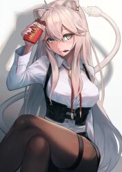 Rule 34 | 1girl, absurdres, animal ear piercing, animal ears, black nails, black pantyhose, black shorts, breasts, candy, chocolate, chocolate bar, ear piercing, eating, fang, food, green eyes, grey hair, hakusyokuto, highres, holding, holding chocolate, holding food, hololive, large breasts, lion ears, lion girl, lion tail, long hair, long sleeves, looking at viewer, pantyhose, piercing, shirt, shishiro botan, shishiro botan (button-down), short shorts, shorts, sitting, smile, solo, tail, virtual youtuber, white shirt
