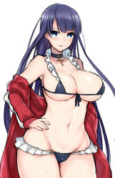 Rule 34 | 1girl, anoshabu, bare shoulders, bikini, black bikini, blue eyes, blush, breasts, choker, cleavage, closed mouth, collarbone, cross, cross choker, earrings, fate/grand order, fate (series), frilled bikini, frills, hand on own hip, jacket, jewelry, large breasts, long hair, long sleeves, looking at viewer, martha (fate), martha (swimsuit ruler) (fate), martha (swimsuit ruler) (second ascension) (fate), navel, off shoulder, open clothes, open jacket, purple hair, simple background, smile, solo, straight hair, swimsuit, thighs, white background