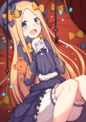 Rule 34 | 2girls, abigail williams (fate), black dress, black hat, blonde hair, bloomers, blue eyes, blush, bow, dress, fate/grand order, fate (series), forehead, hair bow, hat, holding, holding stuffed toy, horns, keyhole, kouzuki tsubasa (musou kaidou), lavinia whateley (fate), light particles, long hair, mini person, minigirl, multiple girls, orange bow, pale skin, single horn, sleeves past fingers, sleeves past wrists, solo focus, stuffed animal, stuffed toy, teddy bear, underwear, white bloomers, white hair