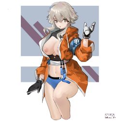 Rule 34 | 1girl, absurdres, arknights, armband, belt, black gloves, black shirt, blush, breastless clothes, breasts, buruma, cleavage, crop top, cropped legs, framed breasts, gloves, grey eyes, grey hair, hand up, highres, jacket, long hair, long sleeves, looking at viewer, mayer (arknights), medium breasts, navel, nipples, open clothes, open jacket, open mouth, orange jacket, prossss, shirt, sign, solo, turtleneck