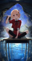 Rule 34 | 1girl, absurdres, belt, blonde hair, bullet, crossed ankles, desk, dot nose, dress, full body, grey dress, grin, hair ribbon, hidulume, highres, holding, holding shoes, indian style, kneehighs, looking at viewer, lycoris recoil, neck ribbon, nishikigi chisato, one side up, pleated dress, red belt, red dress, red eyes, red ribbon, ribbon, school desk, shell casing, shoes, short hair, sitting, sky, smile, socks, solo, star (sky), starry sky, teeth, two-sided dress, two-sided fabric, water