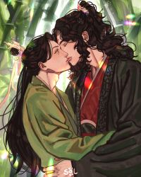 Rule 34 | 2boys, absurdres, adam&#039;s apple, artist name, bamboo, black hair, chinese clothes, closed eyes, day, hair ornament, highres, hug, kiss, long hair, looking at another, luo binghe, male focus, multiple boys, outdoors, renzha fanpai zijiu xitong, shen qingqiu, sol (http wanning), yaoi
