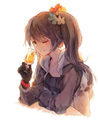 Rule 34 | alternate costume, black shirt, blouse, blush, breasts, casual, cherry, collarbone, cup, drinking glass, elbow rest, flower, food, fruit, girls&#039; frontline, gloves, grey hair, grey jacket, hair between eyes, hair flower, hair ornament, holding, holding cup, holding drinking glass, hood, hood down, hooded jacket, imoko (imonatsuki), jacket, light particles, long hair, long sleeves, looking at viewer, one eye closed, one side up, open clothes, open jacket, parted lips, scar, scar across eye, scar on face, shirt, sitting, small breasts, smile, solo, ump45 (girls&#039; frontline), yellow eyes