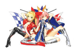 Rule 34 | 2girls, absurdres, animal ears, boots, breasts, checkered flag, choker, cleavage, collarbone, cropped jacket, fate/extra, fate/grand order, fate (series), flag, fox ears, fox girl, fox tail, full body, gloves, high heels, highleg, highleg leotard, highres, holding, jacket, knee boots, large breasts, leotard, long sleeves, looking at viewer, medium breasts, midriff, multiple girls, nero claudius (fate), nero claudius (fate) (all), open mouth, puffy short sleeves, puffy sleeves, race queen, scan, shiny clothes, short sleeves, shorts, simple background, sitting, smile, tail, tamamo (fate), tamamo no mae (fate/extra), thigh boots, wada arco, white background