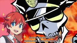 Rule 34 | 10s, 2boys, blue eyes, collared shirt, crossover, english text, fire, fire, gridman universe, hat, hibiki yuuta, highres, inferno cop, looking at viewer, male focus, multiple boys, n0r0, necktie, parody, police, police hat, red hair, red neckwear, school uniform, shirt, short sleeves, skull, ssss.gridman, sunglasses, trigger support, waistcoat, white shirt, wing collar