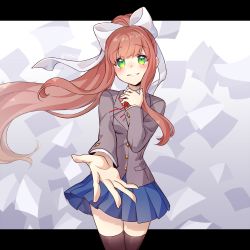 Rule 34 | 1girl, black thighhighs, blue skirt, brown hair, commentary, cowboy shot, doki doki literature club, english commentary, gokurou, green eyes, grey jacket, hair ribbon, hand on own chest, jacket, letterboxed, long hair, long sleeves, looking at viewer, monika (doki doki literature club), nan, outstretched arm, parted lips, pleated skirt, ponytail, ribbon, school uniform, sidelocks, skirt, smile, solo, thighhighs, very long hair, white ribbon