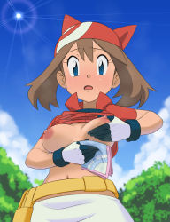 Rule 34 | 1girl, absurdres, aged up, bandana, blue eyes, blush, breasts, brown hair, clothes lift, cloud, collared shirt, commentary request, creatures (company), day, eyelashes, fanny pack, from below, game freak, gloves, handkerchief, highres, holding, holding handkerchief, hot, looking at viewer, may (pokemon), medium hair, miraa (chikurin), navel, nintendo, nipples, no bra, open mouth, outdoors, pokemon, pokemon (anime), pokemon rse (anime), popped collar, raised eyebrows, red bandana, red shirt, shirt, shirt lift, short sleeves, skirt, sky, solo, sun, sweat, tongue, white gloves, white skirt, wiping sweat, yellow bag