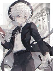 Rule 34 | 1boy, architecture, belt, bishounen, black jacket, black pants, black ribbon, blurry, blurry background, book, border, briefcase, buttons, collared shirt, commentary request, cowboy shot, dot nose, flower, gloves, hair between eyes, hat, highres, holding, holding book, holding briefcase, jacket, long hair, long sleeves, looking at viewer, male focus, namiki itsuki, neck ribbon, open clothes, open jacket, original, pale skin, pants, purple eyes, ribbon, shirt, shirt tucked in, solo, standing, translation request, transparent flower, tuxedo, white border, white gloves, white hair, white lily, white shirt