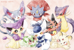 Rule 34 | animal focus, black eyes, bright pupils, cat, closed mouth, colored sclera, creatures (company), crossed arms, delcatty, fang, game freak, gen 1 pokemon, gen 3 pokemon, gen 4 pokemon, gen 5 pokemon, gen 6 pokemon, gen 7 pokemon, green fur, highres, liepard, meowstic, meowstic (female), nintendo, no humans, persian, pokemon, pokemon (creature), purugly, red eyes, remedy matome, simple background, sitting, smile, snout, species connection, sprigatito, tail, torracat, weavile, white background, white fur, yellow sclera