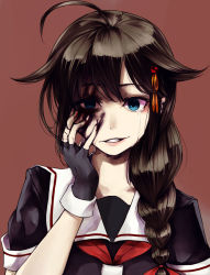 Rule 34 | 1girl, ambiguous red liquid, blood, blood on face, crying, crying with eyes open, forced smile, hand on own face, kantai collection, kurou (bcrow), looking at viewer, shigure (kancolle), solo, tears