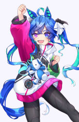 Rule 34 | 1girl, :d, @ @, ahoge, animal ears, aqua hair, arm up, black leggings, blue eyes, blue hair, bow, clenched hands, commentary, cowboy shot, crossed bangs, drawstring, hair bow, hands up, heterochromia, highres, hood, hoodie, horse ears, horse girl, horse tail, leggings, long hair, long sleeves, looking at viewer, mimoza94581050, multicolored clothes, multicolored hair, multicolored hoodie, open mouth, purple eyes, sharp teeth, sidelocks, simple background, smile, solo, striped bow, stuffed animal, stuffed rabbit, stuffed toy, tail, teeth, twin turbo (umamusume), twintails, two-tone hair, umamusume, upper teeth only, very long hair, white background