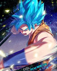 Rule 34 | artist name, backlighting, blue background, blue eyes, blue hair, blurry, blurry foreground, clenched hand, commentary request, d:, dark background, dougi, dragon ball, dragon ball super, dragonball z, fighting stance, frown, glowing, glowing eyes, gradient background, korean commentary, male focus, muscular, open mouth, purple background, serious, shaded face, sleeveless, solo, son goku, sparkle, sparkle background, spiked hair, super saiyan, super saiyan blue, tarutobi, teeth, twitter username, white background, wristband