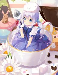 Rule 34 | 1girl, angora rabbit, blue eyes, blue hair, blush, cocoa bean, coffee, coffee beans, cup, dress, flower, food, frilled gloves, frilled skirt, frilled sleeves, frills, fruit, gloves, gochuumon wa usagi desu ka?, hitsukuya, in container, in cup, kafuu chino, looking at viewer, macaron, magical girl, matching hair/eyes, mini person, minigirl, open mouth, pastry, rabbit, skirt, solo, spoon, strawberry, sugar cube, teacup, tippy (gochiusa), tippy (gochuumon wa usagi desuka?), twintails