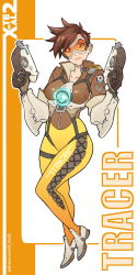 Rule 34 | 1girl, bodysuit, brown hair, dual wielding, full body, goggles, gun, handgun, holding, jacket, looking at viewer, overwatch, overwatch 1, solo, spiked hair, tracer (overwatch), weapon, x-t3al