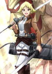 Rule 34 | 1girl, black footwear, blonde hair, boots, brown eyes, brown jacket, collared shirt, commentary, dual wielding, erwin (girls und panzer), erwin smith, giant, girls und panzer, highres, holding, holding sword, holding weapon, jacket, knee boots, long sleeves, looking at viewer, name connection, no headwear, omachi (slabco), open mouth, pants, paradis military uniform, pointy hair, shingeki no kyojin, shirt, short hair, smile, standing, sword, thigh strap, three-dimensional maneuver gear, weapon, white pants, white shirt
