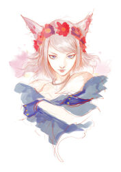 Rule 34 | 1girl, animal ears, blue dress, blue eyes, cat ears, commentary, dress, english commentary, final fantasy, final fantasy xiv, floating hair, flower, grey hair, head wreath, looking at viewer, miqo&#039;te, muju, off shoulder, portrait, purple flower, red flower, short hair, sketch, solo, warrior of light (ff14), white background