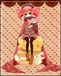 Rule 34 | 10s, 1girl, bad id, bad pixiv id, black pantyhose, blush, cake, cape, charlotte (madoka magica), cheese, cream, doll, hugging doll, drill hair, dual persona, food, heart, highres, mahou shoujo madoka magica, mahou shoujo madoka magica (anime), naoto (tulip), hugging object, pantyhose, personification, pink hair, scarf, short hair, sitting, solo, stuffed toy, twin drills, twintails