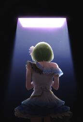 Rule 34 | 1girl, absurdres, artist request, commentary request, dark background, dress, from behind, green hair, hair ribbon, highres, idolmaster, idolmaster shiny colors, layered dress, nanakusa nichika, ribbon, short hair, single bare shoulder, solo, stage lights, two-tone dress, white dress