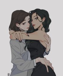 Rule 34 | 2girls, ahndory, arms around neck, black hair, brown eyes, brown hair, closed mouth, commentary request, green eyes, grey background, highres, lipstick, makeup, mole, mole on cheek, multiple girls, original, pointy ears, yuri