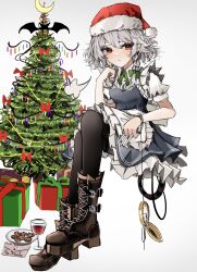 Rule 34 | 1girl, absurdres, apron, black pantyhose, blue skirt, blue vest, boots, box, christmas, christmas tree, cookie, cross-laced footwear, cup, drinking glass, food, gift, gift box, hat, highres, holding, holding knife, izayoi sakuya, knife, lace-up boots, letter, maid apron, ougiikun, pantyhose, red eyes, santa hat, shirt, sitting, skirt, solo, touhou, vest, white background, white hair, white shirt
