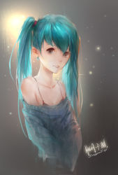 Rule 34 | 1girl, absurdres, aqua eyes, aqua hair, artist name, bare shoulders, bra strap, breasts, cleavage, collarbone, gradient background, grey background, hatsune miku, highres, lips, long sleeves, long yue zi qi, looking at viewer, nose, off shoulder, parted lips, shirt, signature, small breasts, smile, solo, twintails, upper body, vocaloid