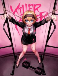 Rule 34 | 1girl, asano misaki (danganronpa), bad id, bad twitter id, black suit, blonde hair, blood, blood on clothes, blood on face, bob cut, bound, bound wrists, danganronpa, danganronpa (series), danganronpa gaiden: killer killer, dumbbell, formal, full body, headband, highres, looking at viewer, necktie, official art, open mouth, pigeon-toed, pink blood, red necktie, sasami (ki), short hair, skirt, skirt suit, suit, tears, tied up (nonsexual), watermark