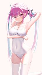 Rule 34 | 1girl, absurdres, ahoge, arm under breasts, armpits, blue hair, blush, braid, breasts, character name, cleavage, clothes writing, colored inner hair, covered navel, hair ribbon, highres, hololive, large breasts, long hair, minato aqua, multicolored hair, navel, one-piece swimsuit, open mouth, panties, parted lips, pink hair, purple eyes, purple hair, ribbon, school swimsuit, simple background, solo, streaked hair, swimsuit, thick thighs, thighhighs, thighs, tobidasu00, twintails, two-tone hair, underwear, virtual youtuber, white background, white one-piece swimsuit, white thighhighs