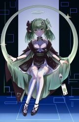 Rule 34 | black bow, black bowtie, black cape, black dress, blush, bow, bowtie, breasts, cape, closed mouth, dress, einkk (nikke), floating, floating object, goddess of victory: nikke, green bow, green bowtie, green cape, green eyes, green hair, hair ornament, hair ribbon, halo, highres, long hair, looking at viewer, lunati nikke, medium breasts, pointy ears, ribbon, sitting, sleeveless, sleeveless turtleneck, smile, thighhighs, turtleneck, twintails, two-sided cape, two-sided fabric, white dress, white thighhighs
