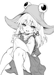 Rule 34 | 1girl, alice margatroid, commentary request, daiyousei, feet out of frame, greyscale, hair ribbon, hat, highres, kirisame marisa, large hat, long hair, long sleeves, looking at viewer, monochrome, moriya suwako, open mouth, pyonta, retoruto, ribbon, rumia, short hair, simple background, sitting, solo, thighhighs, touhou, white background, wide sleeves