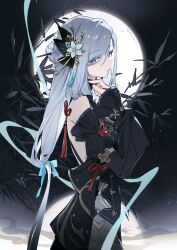 Rule 34 | 1girl, absurdres, bird, black dress, black sleeves, blue eyes, blue ribbon, closed mouth, commentary request, cowboy shot, dated, detached sleeves, dress, expressionless, from side, full moon, genshin impact, grey hair, highres, long hair, looking at viewer, low-tied long hair, moon, night, official alternate costume, ribbon, shenhe (frostflower dew) (genshin impact), shenhe (genshin impact), shiliudoudou568, signature, sleeveless, sleeveless dress, solo