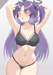 Rule 34 | 1girl, armpits, arms behind head, arms up, black bra, black panties, blue archive, blush, bra, breasts, breath, cleavage, closed eyes, collarbone, commentary, cowboy shot, gradient background, grey background, halo, heavy breathing, long hair, medium breasts, nanao (naoekaki25), navel, open mouth, paid reward available, panties, parted bangs, purple hair, scowl, simple background, solo, standing, stomach, sweatdrop, thigh gap, two side up, underwear, underwear only, yuuka (blue archive)
