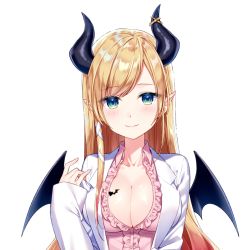 Rule 34 | 1girl, bat tattoo, blonde hair, blouse, blush, breast tattoo, breasts, cleavage, closed mouth, coat, collarbone, demon girl, demon horns, demon wings, frilled shirt, frills, green eyes, hand up, hololive, horns, large breasts, long hair, long sleeves, looking at viewer, masuishi kinoto, official art, open clothes, open coat, pink shirt, pointy ears, shirt, sidelocks, simple background, sleeves past wrists, smile, solo, straight-on, swept bangs, tattoo, upper body, virtual youtuber, white background, white coat, wing collar, wings, yuzuki choco, yuzuki choco (1st costume)