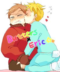 Rule 34 | 2boys, blonde hair, blush, brown hair, butters stotch, closed eyes, eric cartman, heart, kiss, licking, male focus, multiple boys, short hair, simple background, south park, sweat, tongue, tongue out, yaoi