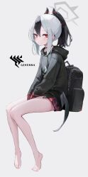 Rule 34 | 1girl, absurdres, bag, bare legs, barefoot, black bag, black choker, black hair, black hoodie, black jacket, blue archive, bright pupils, choker, closed mouth, collarbone, demon girl, demon horns, ear piercing, expressionless, from side, full body, hair between eyes, halo, highres, hood, hood down, hooded jacket, hoodie, horns, invisible chair, jacket, kayoko (blue archive), long sleeves, looking at viewer, miniskirt, mole, mole on collarbone, multicolored hair, pale skin, piercing, plaid, plaid skirt, pleated skirt, ponytail, red eyes, red skirt, school bag, school uniform, sidelocks, simple background, sitting, skirt, soles, solo, thighs, tou tou, two-tone hair, white background, white hair, x, zipper