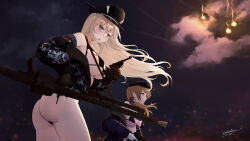 Rule 34 | 2girls, ass, bare shoulders, bikini, bismarck (kancolle), blonde hair, blue eyes, blush, breasts, gloves, gun, hair between eyes, hair ornament, hat, holding, holding gun, holding weapon, kantai collection, large breasts, long hair, looking at viewer, low twintails, military, military hat, military uniform, multiple girls, odachu, peaked cap, prinz eugen (kancolle), swimsuit, twintails, uniform, weapon