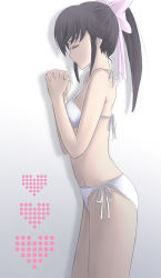Rule 34 | 1girl, ass, bikini, brown hair, closed eyes, gradient background, long hair, love plus, own hands clasped, own hands together, ponytail, sawwei005, solo, swimsuit, takane manaka, white bikini