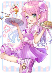 Rule 34 | 1girl, :d, ahoge, alternate costume, alternate hairstyle, apron, blush, candy hair ornament, chocomarybadend, crescent, crescent earrings, dress, earrings, food-themed hair ornament, green eyes, hair ornament, heterochromia, himemori luna, holding, holding tray, hololive, jewelry, knee up, long hair, looking at viewer, open mouth, parfait, pink dress, purple eyes, shoes, smile, sneakers, solo, standing, standing on one leg, striped clothes, striped dress, tray, twintails, vertical-striped clothes, vertical-striped dress, virtual youtuber, waist apron, waitress, wavy hair