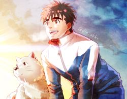 Rule 34 | 1boy, animal, artist name, black hair, blue jacket, blue sky, brown eyes, closed mouth, commentary request, cowboy shot, dog, hair between eyes, hajime no ippo, jacket, jin akhr, light blush, long sleeves, looking afar, makunouchi ippo, male focus, open mouth, pants, short hair, sky, smile, solo, squatting, sunset, sweat, sweatdrop, track jacket, track pants, watercolor background, whiskers, white jacket, zipper, zipper pull tab