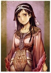 Rule 34 | 1girl, abe yoshitoshi, absurdres, black hair, closed mouth, collarbone, cowboy shot, expressionless, head scarf, highres, long hair, long sleeves, looking at viewer, non-web source, original, purple eyes, solo, standing, tribal, wide sleeves