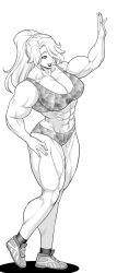 Rule 34 | 1girl, abs, bare shoulders, breasts, cleavage, female focus, hair over one eye, highres, koshou shoushou+kinsho, large breasts, long hair, monochrome, muscular, muscular female, ponytail, shoes, sneakers, solo, tank top