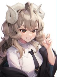 Rule 34 | 1girl, ahoge, black jacket, black necktie, breasts, brown eyes, collared shirt, commission, curled horns, grin, hair between eyes, hand up, highres, horns, jacket, long hair, looking at viewer, medium breasts, necktie, off shoulder, open clothes, open jacket, original, sharp teeth, shirt, simple background, smile, solo, teeth, v, v burger103, white background, white shirt
