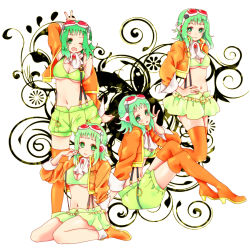 Rule 34 | 4girls, boots, breasts, goggles, goggles on head, green eyes, green hair, gumi, headphones, highres, jacket, gumi (v3 megpoid), midriff, mona (artist), multiple girls, multiple persona, navel, one eye closed, open mouth, orange legwear, short hair, shorts, skirt, smile, suspenders, thigh boots, thighhighs, underboob, v, vocaloid, wink, zettai ryouiki