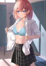 Rule 34 | 1girl, black skirt, blue bra, blue eyes, blush, bra, breasts, brown hair, cleavage, collared shirt, commentary request, crossed bangs, highres, indoors, locker, locker room, looking at viewer, monaka curl, navel, open clothes, open shirt, original, parted lips, plaid, plaid skirt, shirt, skirt, small breasts, solo, underwear, white shirt
