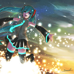Rule 34 | 1girl, aqua eyes, aqua hair, artist name, bare shoulders, boots, detached sleeves, gluteal fold, hatsune miku, jumping, long hair, necktie, outstretched arms, skindentation, solo, sowel ( sowel ), star (symbol), teeth, thigh boots, thighhighs, thighs, twintails, vocaloid